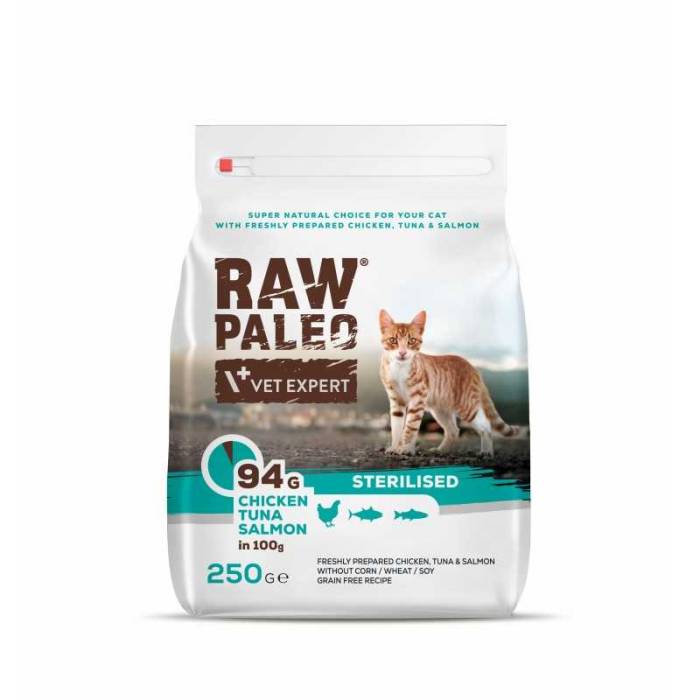 Raw Paleo Vet Expert Cat Sterilised sausas maistas sterilizuotoms katėms su vištiena, tunu, lašiša, 2 kg