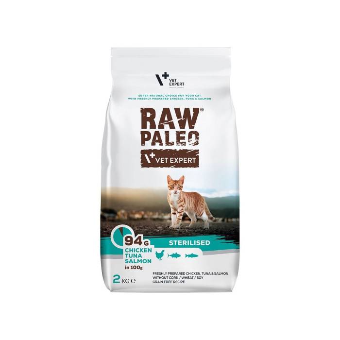 Raw Paleo Vet Expert Cat Sterilised sausas maistas sterilizuotoms katėms su vištiena, tunu, lašiša, 2 kg