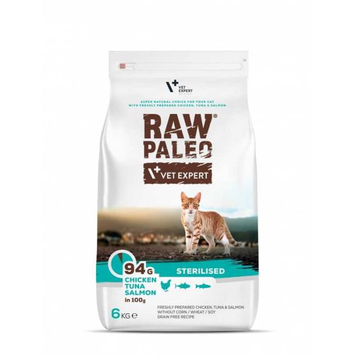 Raw Paleo Vet Expert Cat Sterilised sausas maistas sterilizuotoms katėms su vištiena, tunu, lašiša, 6 kg