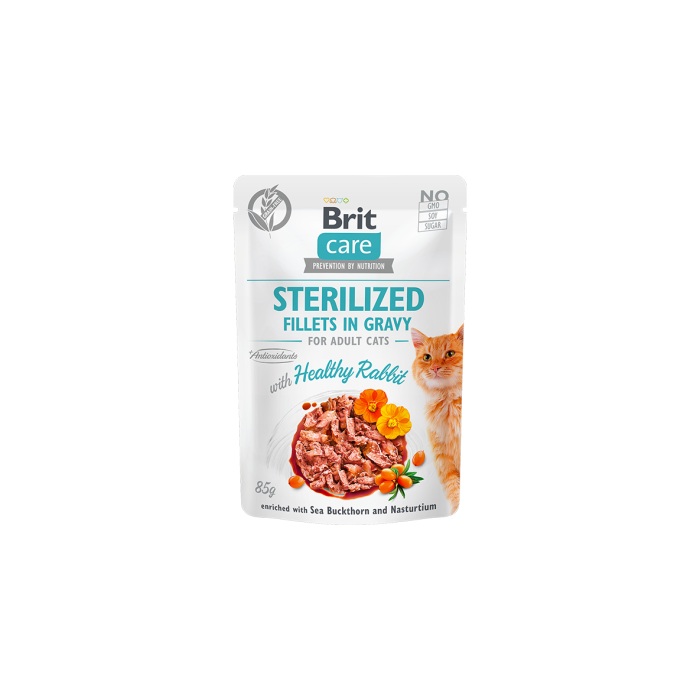 Brit Care Sterilized Fillets in Gravy Healthy Rabbit drėgnas maistas sterilizuotoms katėms, 85 g