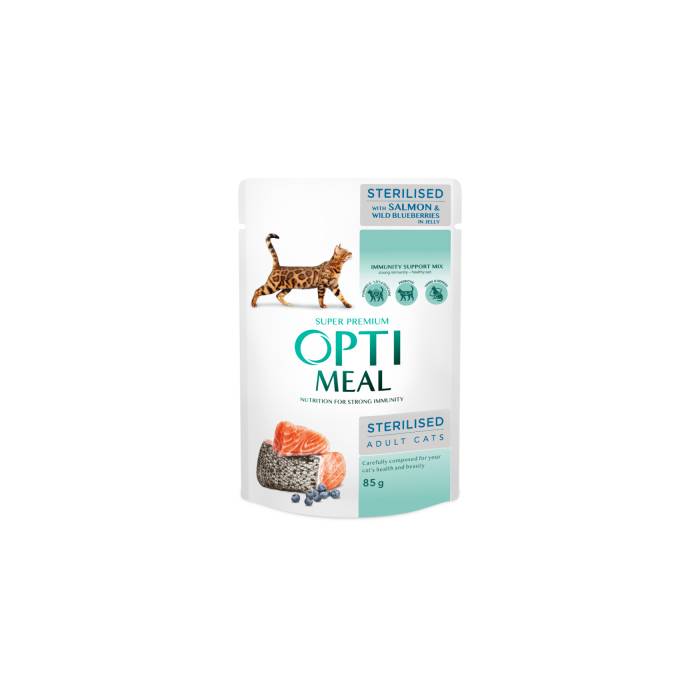 OPTIMEAL™ Visavertis konservuotas ėdalas sterilizuotoms katėms su lašiša ir laukinėmis mėlynėmis drebučiuose, 85 g
