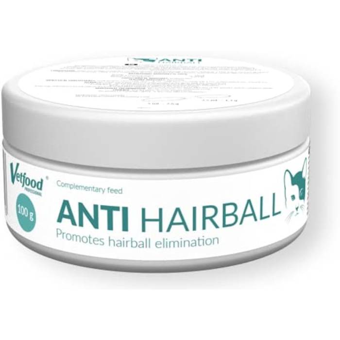 Vetfood Anti Hairball papildai katėms, gerinantys virškinimą ir skatinantys praryjamų plaukų šalinimą, 100 g
