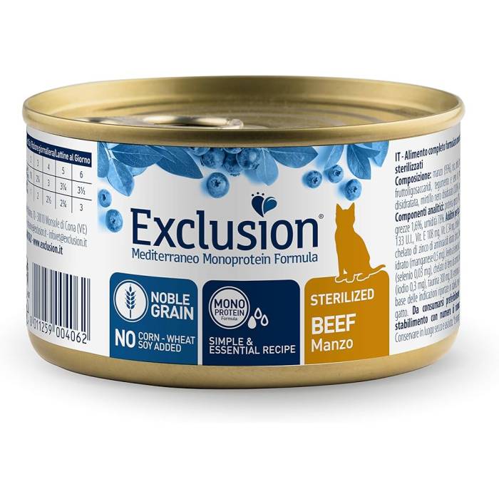 Exclusion Mediterraneo Mono Protein konservuotas maistas sterilizuotoms katėms su jautiena, 85 g