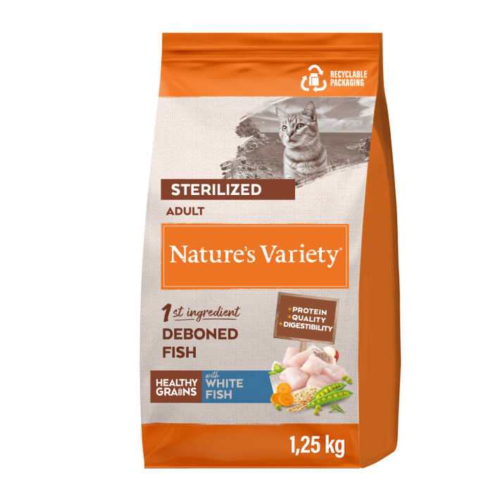 Nature's Variety Healthy Grain Sterilized sausas maistas sterilizuotoms katėms su balta žuvimi, 1,25 kg