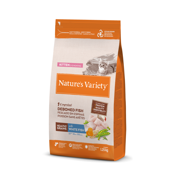 Nature's Variety Healthy Grain Kitten sausas maistas kačiukams su balta žuvimi, 1,25 kg