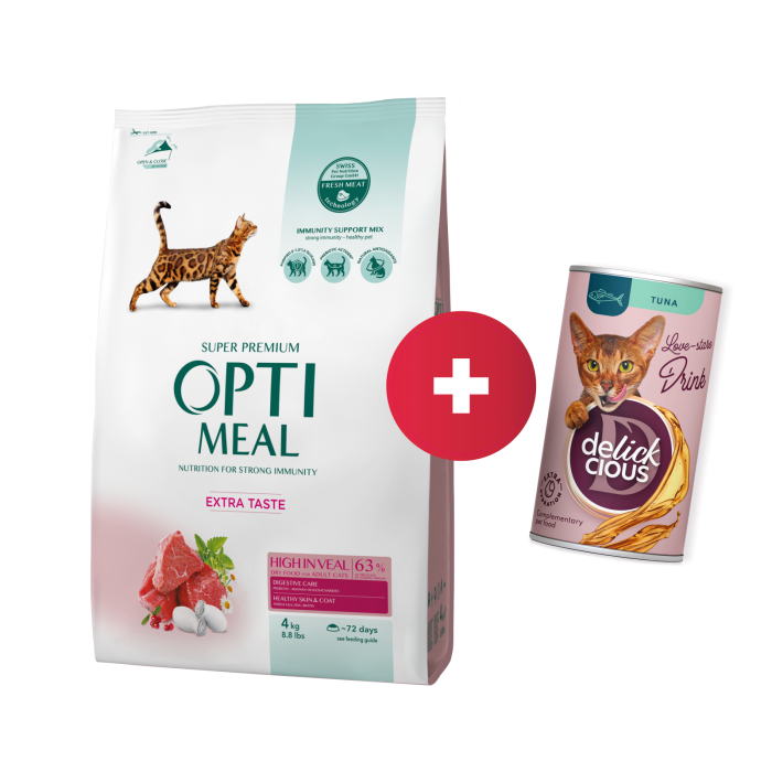 OPTIMEAL™ Visavertis pašaras suaugusioms katėms su dideliu veršienos kiekiu, 4 kg + Delickcious gėrimas su tunu katėms už 1 ct