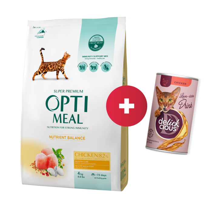 OPTIMEAL™ Visavertis pašaras suaugusioms katėms su vištiena, 4 kg + Delickcious gėrimas su vištiena katėms už 1 ct