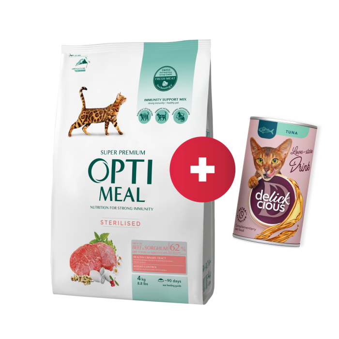 OPTIMEAL™ Visavertis pašaras sterilizuotoms katėms ir kastruotiems katinams - su dideliu kiekiu jautienos ir sorgo žolelėmis, 4 kg + Delickcious gėrimas su tunu katėms už 1 ct