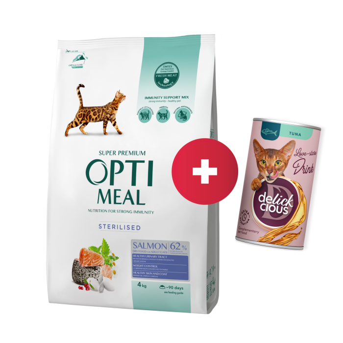 OPTIMEAL™ Visavertis pašaras sterilizuotoms katėms su lašiša, 4 kg + Delickcious gėrimas su tunu katėms už 1 ct