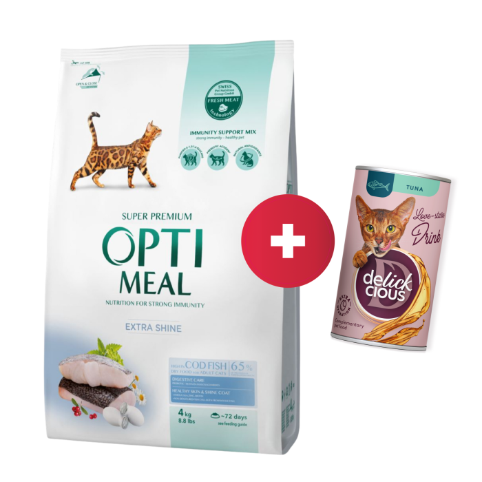 OPTIMEAL™ Visavertis pašaras suaugusioms katėms su dideliu menkės kiekiu, 4 kg + Delickcious gėrimas su tunu katėms už 1 ct
