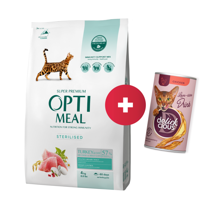 OPTIMEAL™ Visavertis pašaras sterilizuotoms katėms ir kastruotiems katinams - kalakutiena ir avižos, 4 kg + Delickcious gėrimas su vištiena katėms už 1 ct