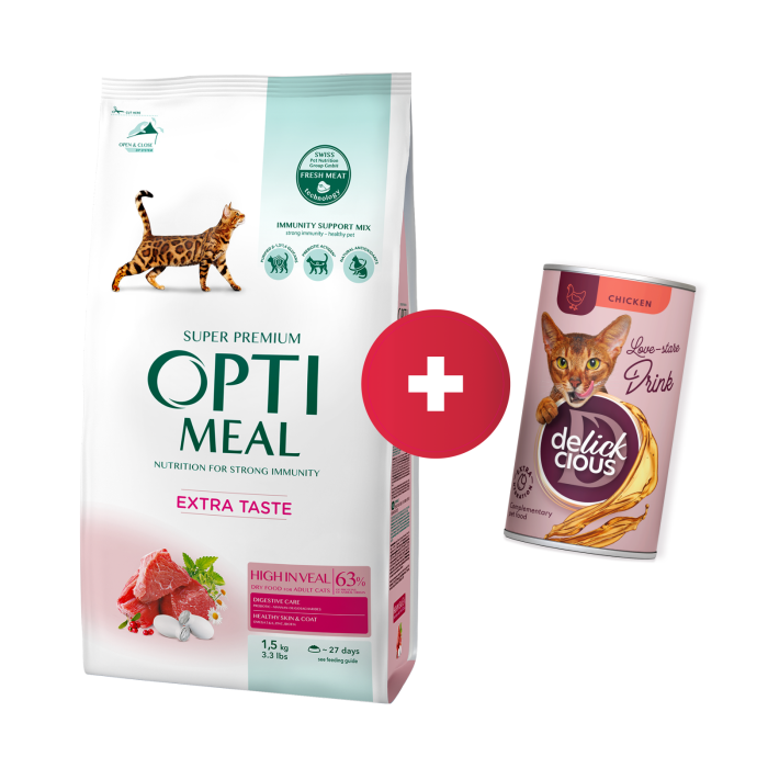 OPTIMEAL™ Visavertis pašaras suaugusioms katėms su dideliu veršienos kiekiu, 1,5 kg + Delickcious gėrimas su vištiena katėms už 1 ct
