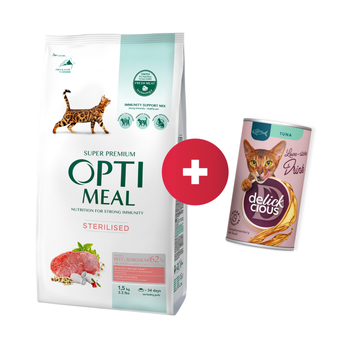 OPTIMEAL™ Visavertis pašaras sterilizuotoms katėms ir kastruotiems katinams - su dideliu kiekiu jautienos ir sorgo žolelėmis, 1,5 kg + Delickcious gėrimas su tunu katėms už 1 ct