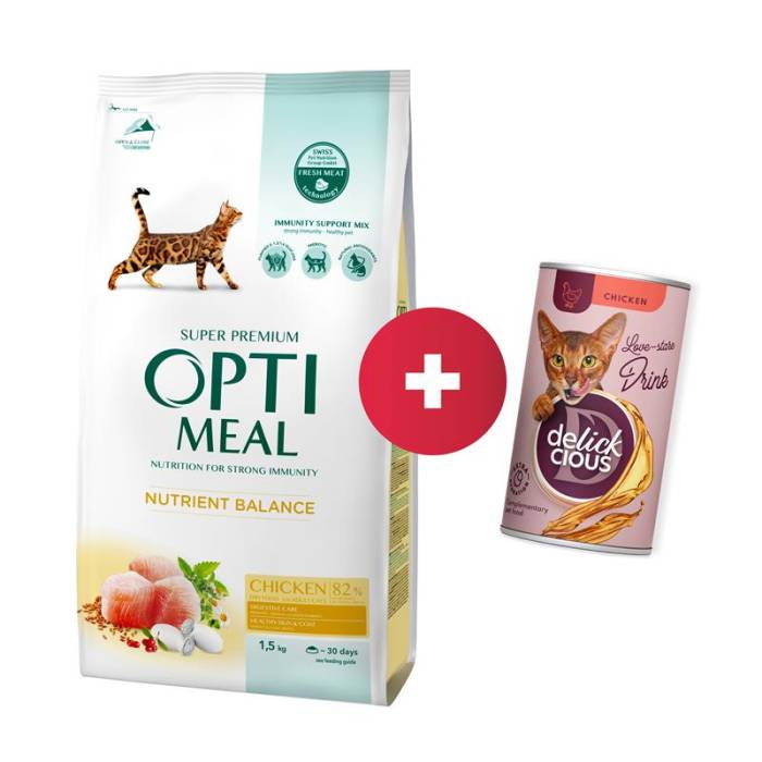 OPTIMEAL™ Visavertis pašaras suaugusioms katėms su vištiena, 1,5 kg + Delickcious gėrimas su vištiena katėms už 1 ct