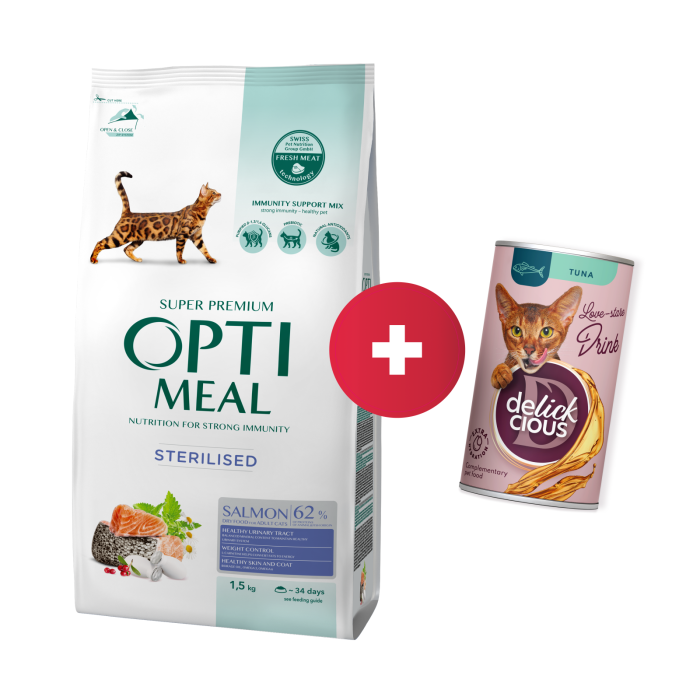 OPTIMEAL™ Visavertis pašaras sterilizuotoms katėms su lašiša, 1,5 kg + Delickcious gėrimas su tunu katėms už 1 ct