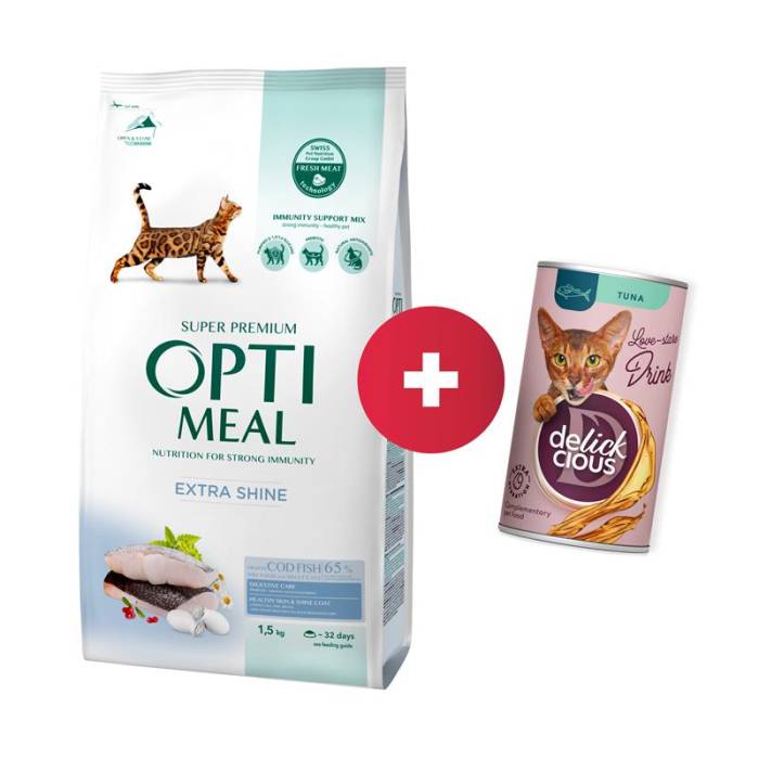 OPTIMEAL™ Visavertis pašaras suaugusioms katėms su dideliu menkės kiekiu, 1,5 kg + Delickcious gėrimas su tunu katėms už 1 ct