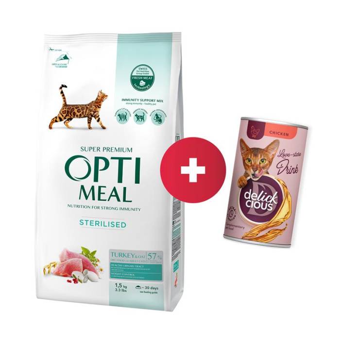 OPTIMEAL™ Visavertis pašaras sterilizuotoms katėms ir kastruotiems katinams - kalakutiena ir avižos, 1,5 kg + Delickcious gėrimas su vištiena katėms už 1 ct