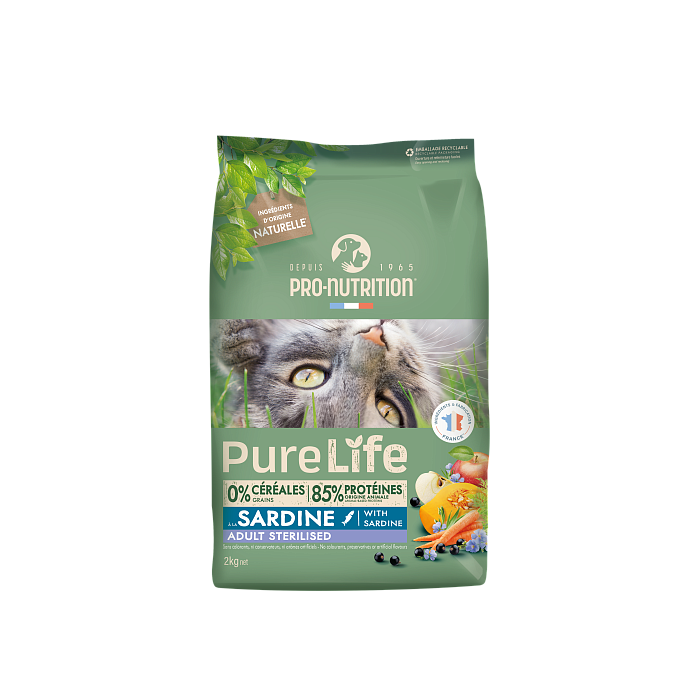 Pro Nutrition Pure Life Adult Sterilised Sardine sausas maistas suagusioms sterilizuotoms katėms, 8 kg