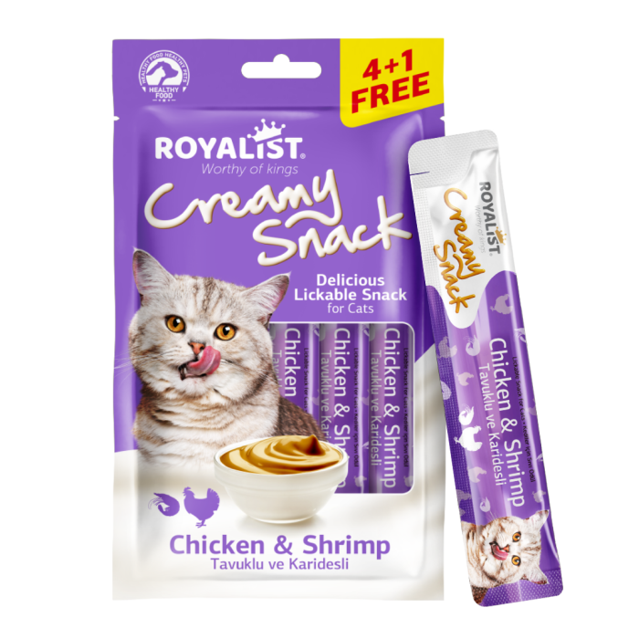 Royalist Creamy Snack Pack Chicken - Shrimp kreminis skanėstas katėms, 5 x 15 g