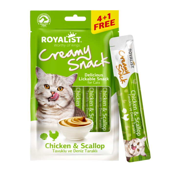 Royalist Creamy Snack Pack Chicken - Scallop kreminis skanėstas katėms, 5 x 15 g