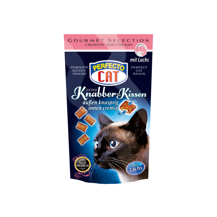 Perfecto Cat traškios pagalvėlės katėms su kreminiu lašišų įdaru, 50 g