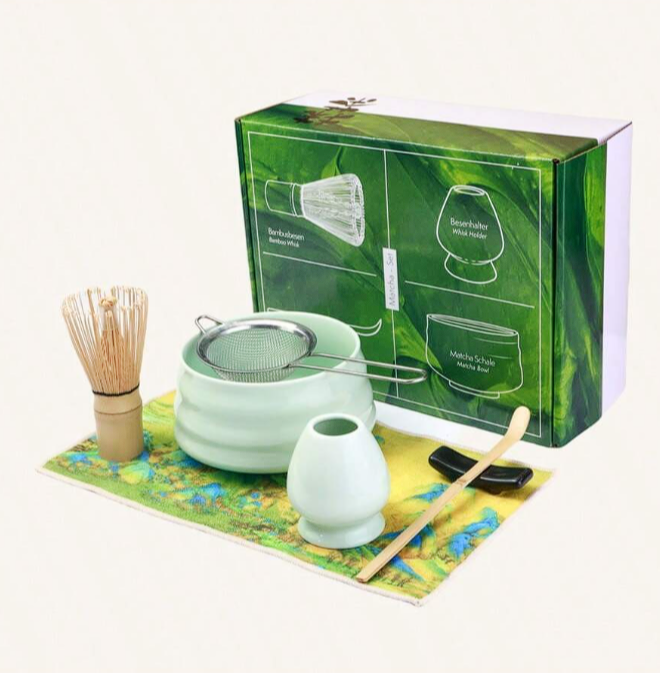 Japonų Matcha arbatos ceremonijos rinkinys – 7 dalių komplektas šviesiai žalias