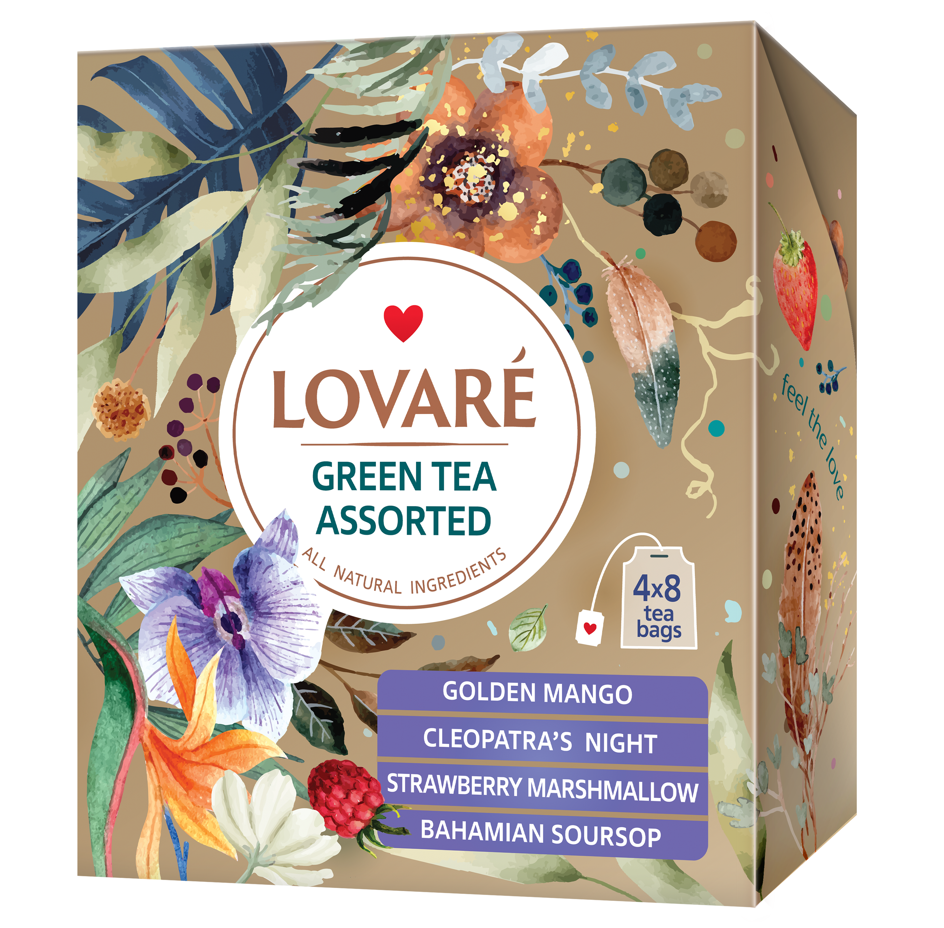 LOVARE Assorted green tea  žalioji arbata (4 rūšys po 8 vnt. 32vnt)