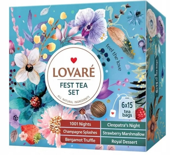 LOVARE FEAST juodųjų ir žaliųjų arbatų rinkinys  6×15 vnt (2g-90vnt)