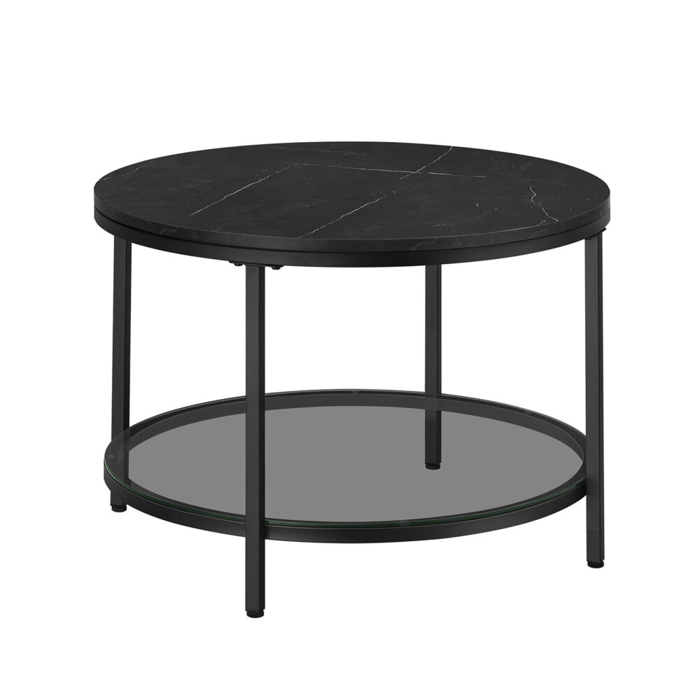 Marmuro imitacijos Kavos staliukas su grūdintu stiklu | Ø65 cm | Juoda