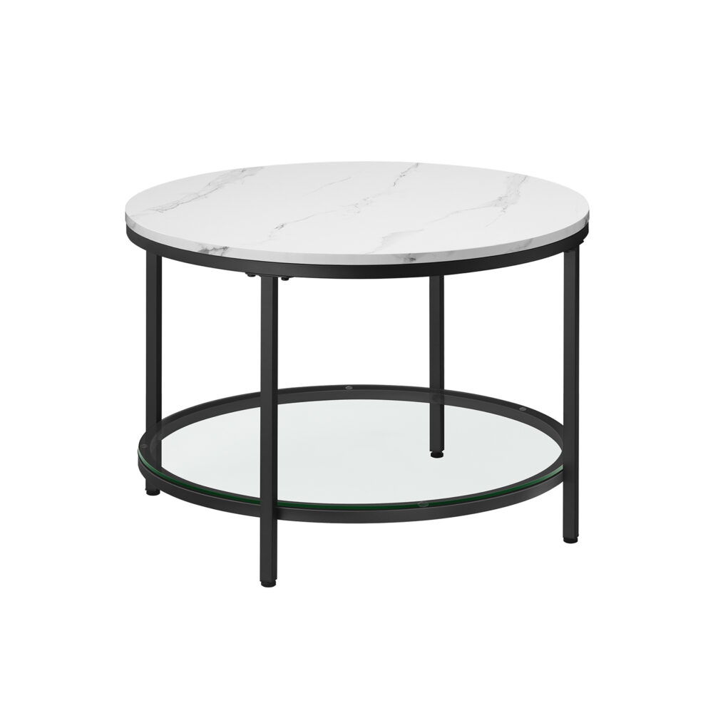Marmuro imitacijos Kavos staliukas su grūdintu stiklu | Ø80 cm | Balta-Juoda