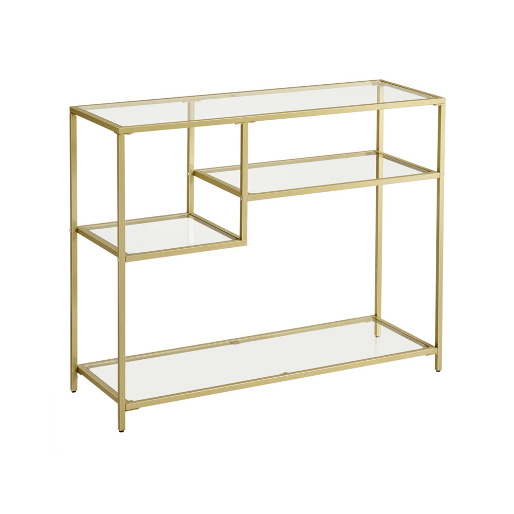 Modernus grūdinto stiklo ir metalo konsolinis staliukas | 35 x 100 cm | Auksinė