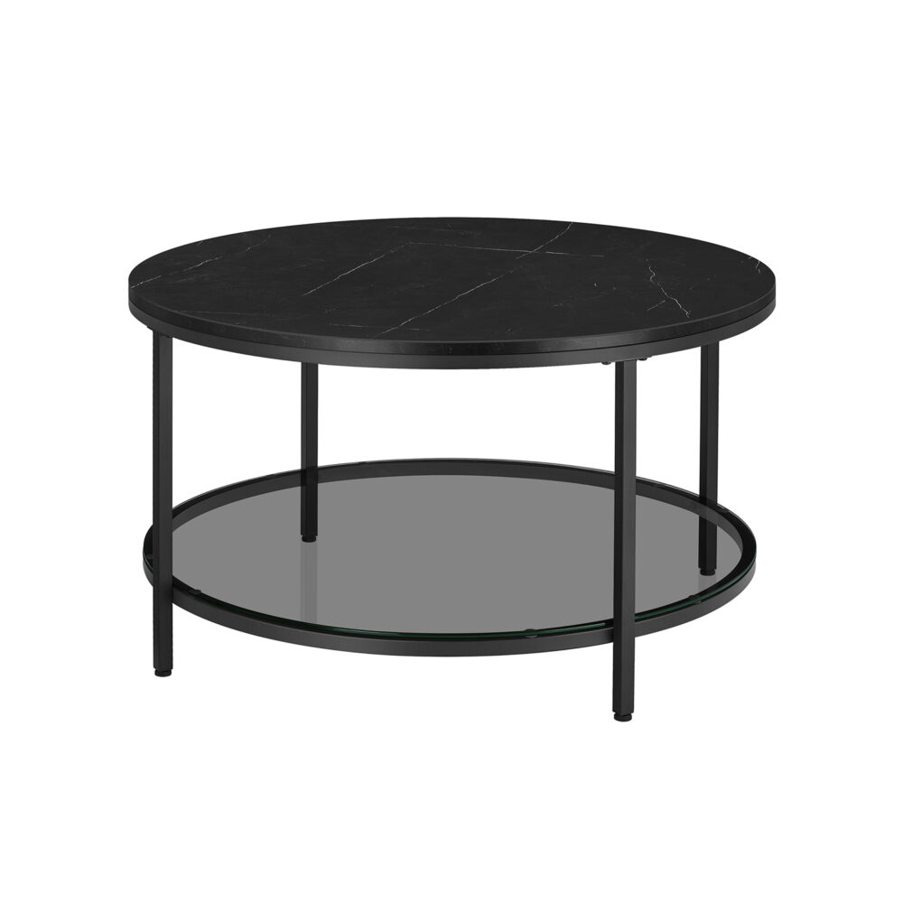 Marmuro imitacijos Kavos staliukas su grūdintu stiklu | Ø80 cm | Juoda