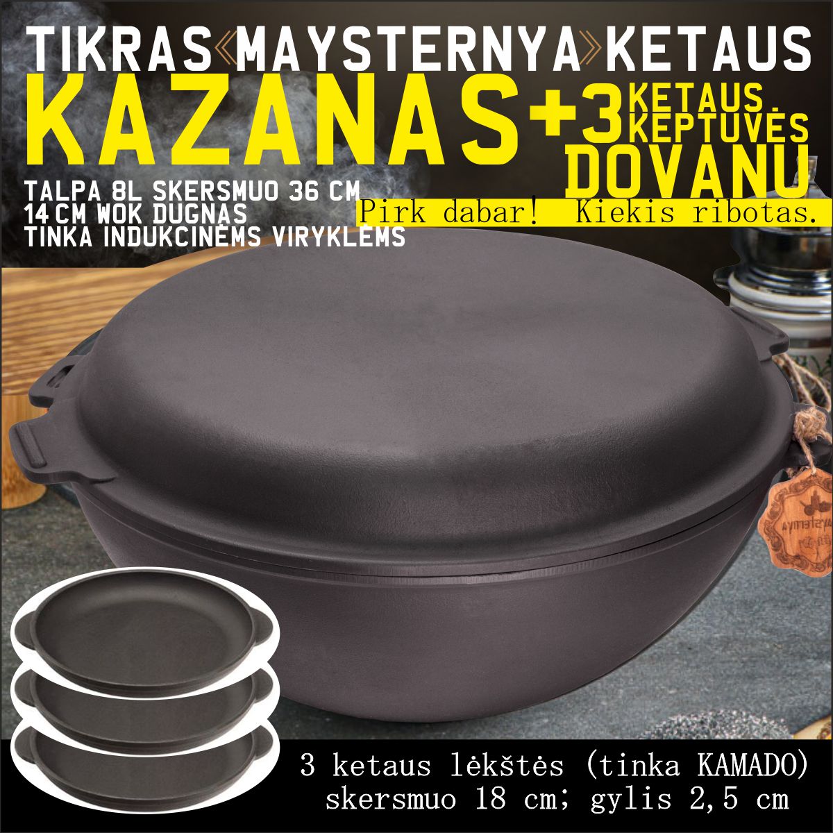 Ketaus KAZANAS su ketaus dangčiu-keptuvė | 8L | T405CP  ir 3 lėkštės T101 | komplektas