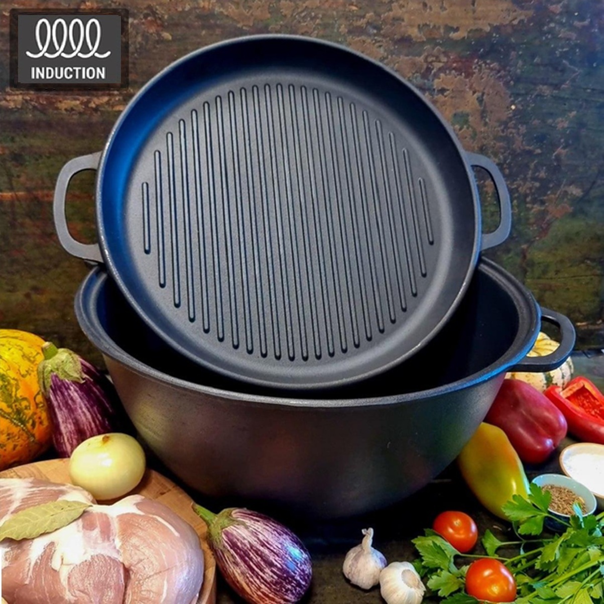 KAZANAS WOK 18L su GRILL ketaus dangčiu keptuvė | V18CPGr