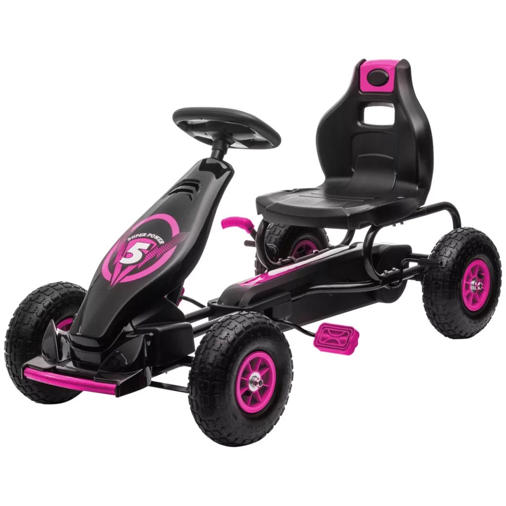 Pedalinis kartingas su reguliuojama sėdyne, guminėmis padangomis ir rankiniu stabdžiu, 5-12 metų vaikams, rožinė
