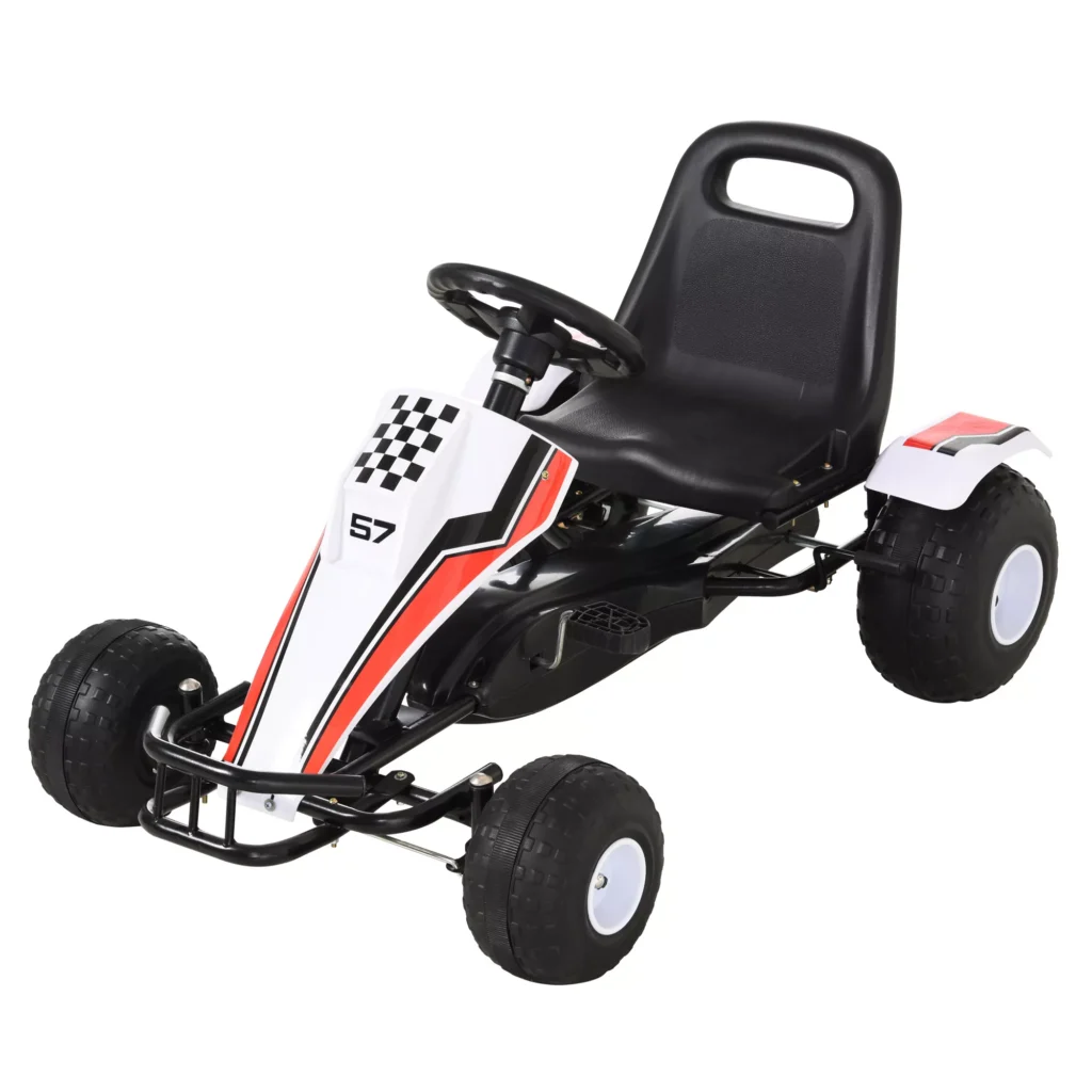 Go Kart vaikams su pedalais ir stabdžiais, plieninės konstrukcijos, balta, 104x66x57 cm