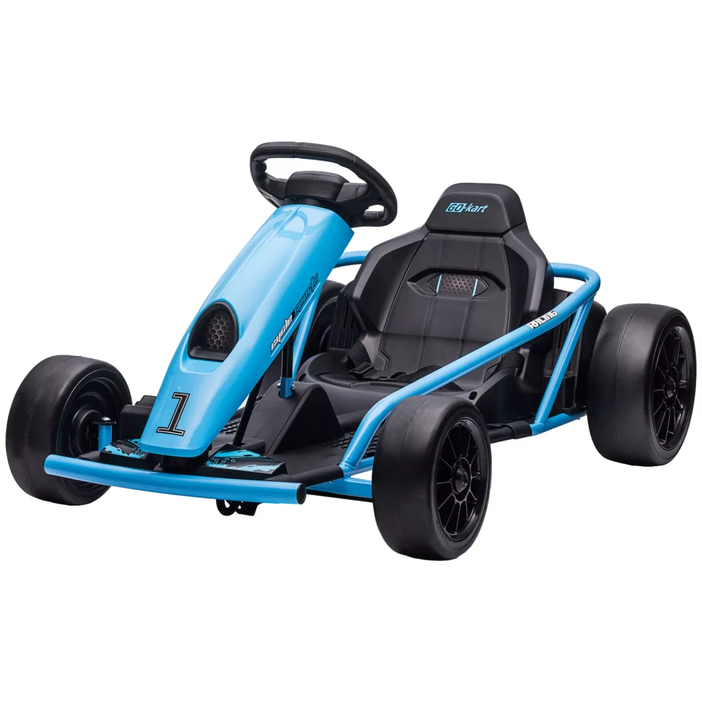 Vaikiškas kartingas, 24 V drifto kartingas su lėtuoju startu, muzika, garso signalu ir saugos diržu, 8-12 metų vaikams, mėlyna