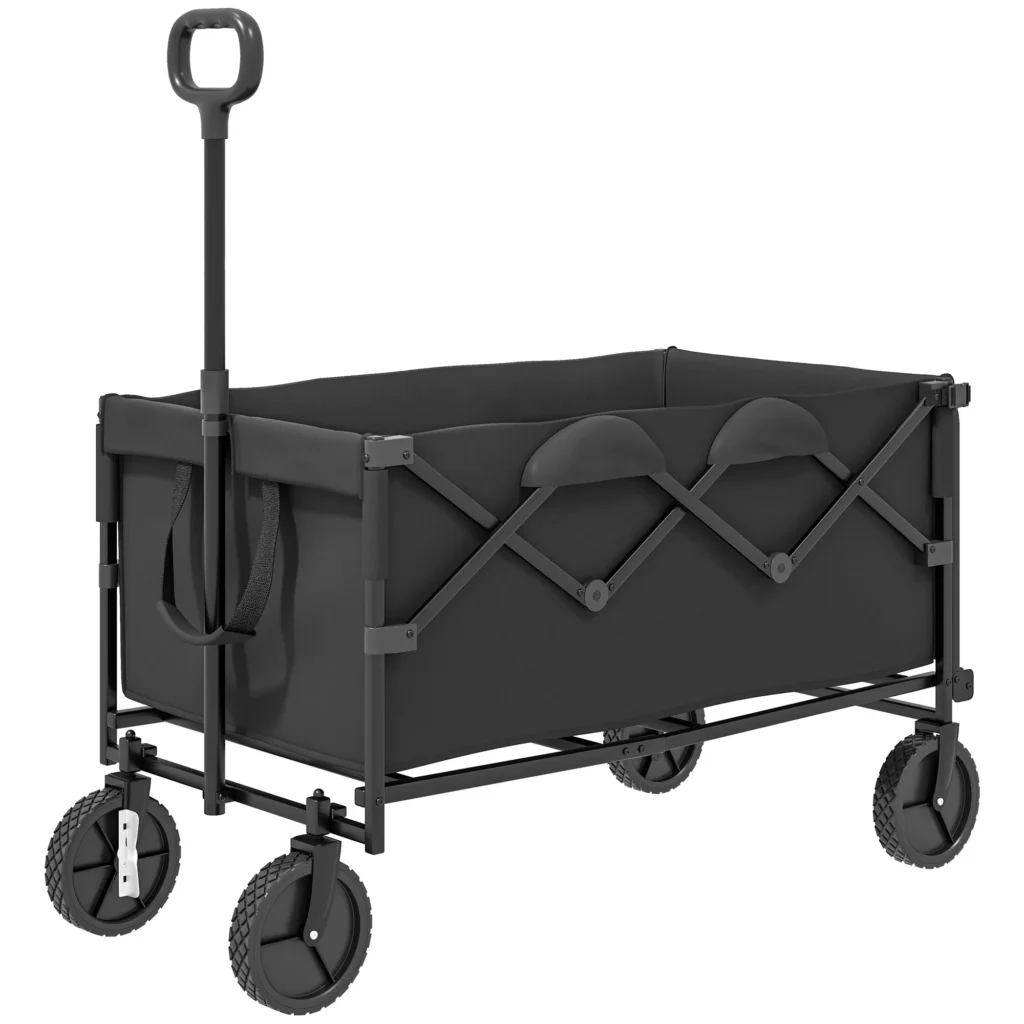 Outsunny sodo vežimėlis 100 kg apkrovai, sulankstomas, išplečiamas transportavimo vežimėlis su nuimamu tentu, rankena, ratais, bolerių vežimėlis, rankinis vežimėlis, sodo karutis, 160 litrų įrankių vežimėlis namams, sodui, juodas