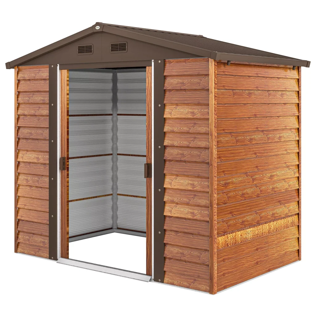 Outsunny metalinis sodo namelis medžio imitacijos dizainu 3 m² 152 x 235,7 x 208,7 cm įrankių laikymo pastogė su dvišlaičiu stogu, langu, dvigubomis stumdomomis durimis, atsparus oro sąlygoms lauko sodo namelis kiemui, rudos spalvos