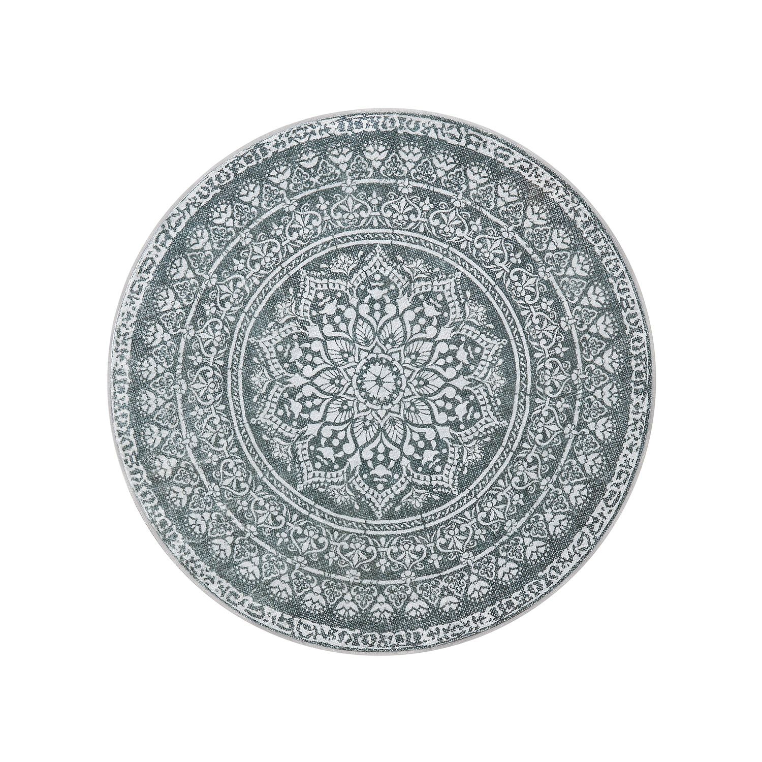 Boho stiliaus apskritas kilimas su raštais | 160 x 160 cm | Pilka