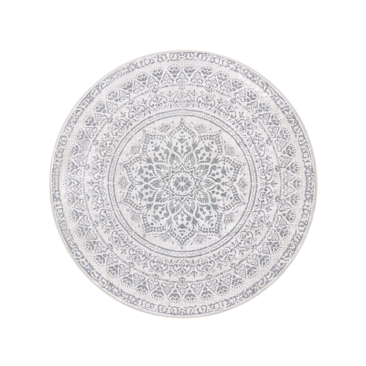 Boho stiliaus apskritas kilimas su raštais | 120 x 120 cm | Pilka