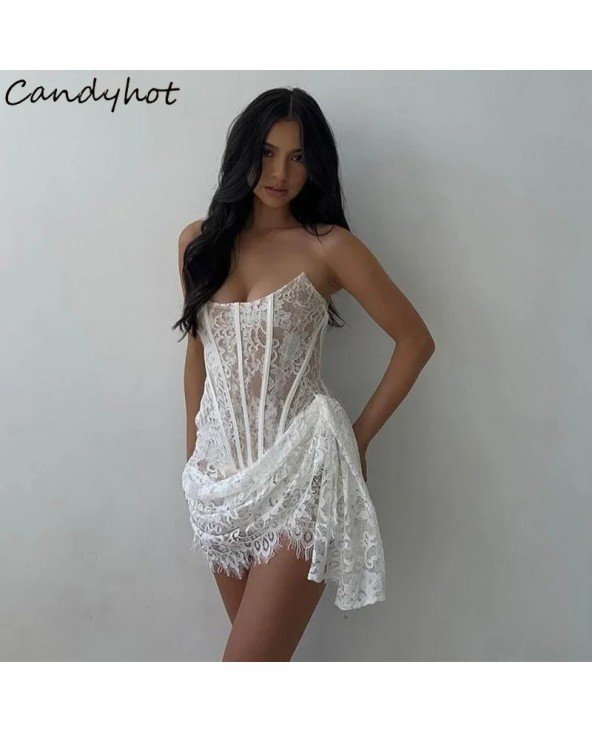 „Candyhot“ elegantiška nėrinių be petnešėlių seksuali permatoma suknelė, mini suknelė moterims, vasarinė