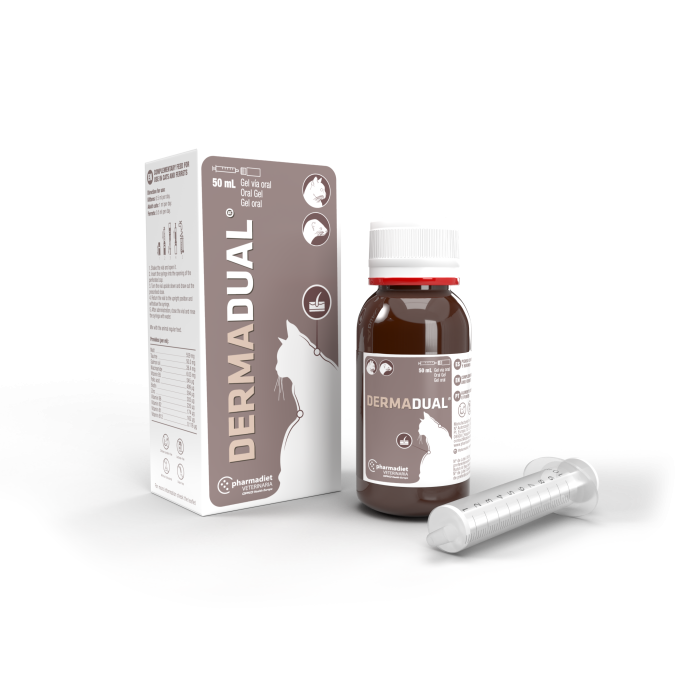 Pharmadiet Dermadual papildai katėms ir šeškams, esant odos ir plaukų pažeidimams, 50 ml