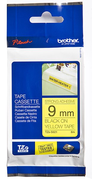 Eksploatacinė medžiaga Brother TZe-S621 Strong Adhesive Laminated Tape Black on Yellow, TZe, 8 m, 9