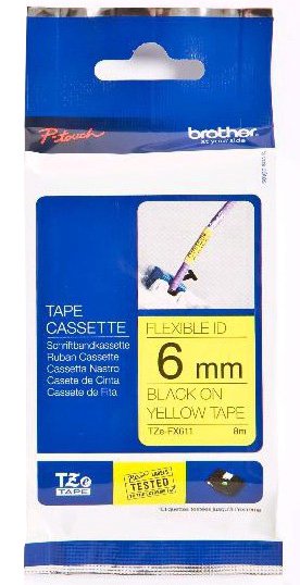 Eksploatacinė medžiaga Brother TZe-FX611 Flexible ID Laminated Tape Black on Yellow, TZe, 8 m, 6 mm