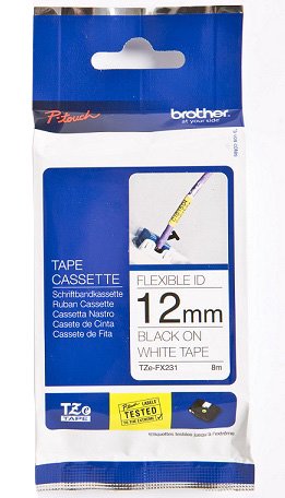 Eksploatacinė medžiaga Brother TZe-FX231 Flexible ID Laminated Tape Black on White, TZe, 8 m, 1.2 cm