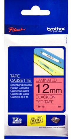 Eksploatacinė medžiaga Brother TZE-431 Laminated Tape Black on Red, TZe, 8 m, 1.2 cm