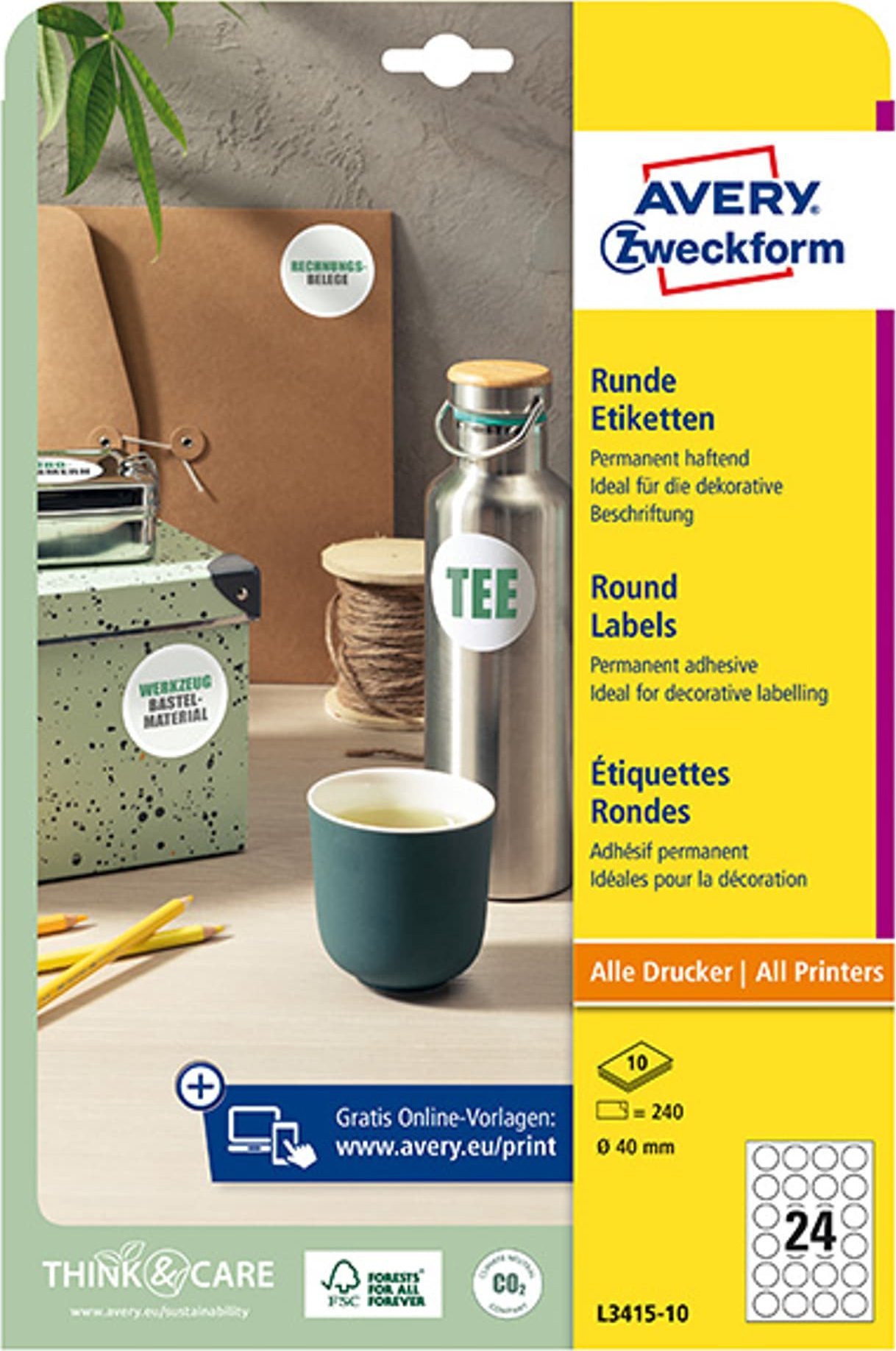 AVERY Avery Zweckform labels 40mm, A4, white, 24 labels, packed 10 pcs, L3415-10