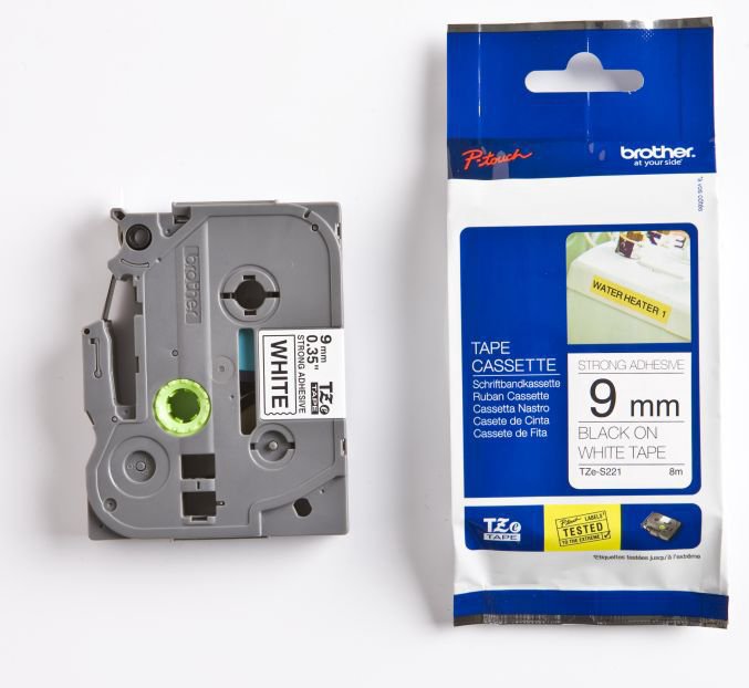 Brother 9mm BLACK ON WHITE ATHESIVE TAPE (TZeS221)
