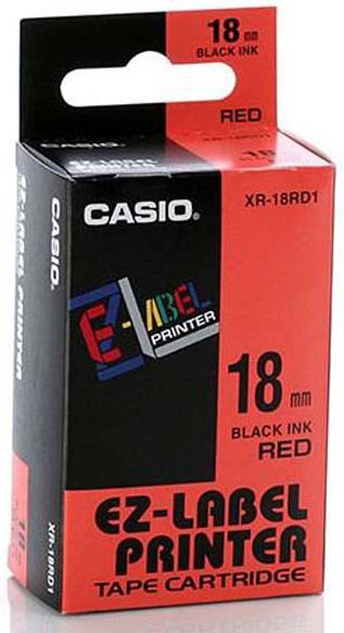 Casio XR-18RD1 strip, black print/red backing, not laminated, 8m, 18mm